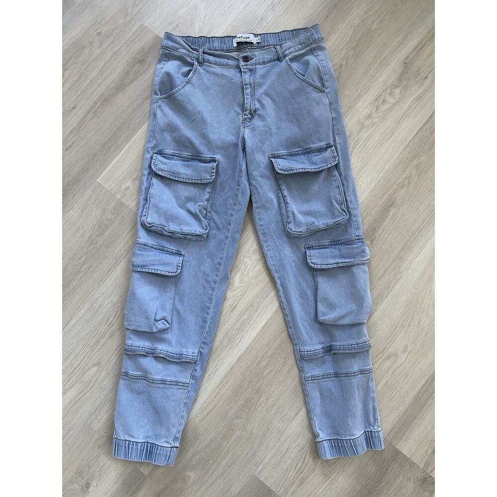 Refuge Women Light Wash Blue Denim Cargo Pocket Jogger Jeans Stretch Size L/G
